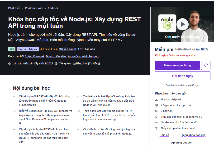 ⚡ Khóa học cấp tốc về Node.js: Xây dựng REST API trong một tuần